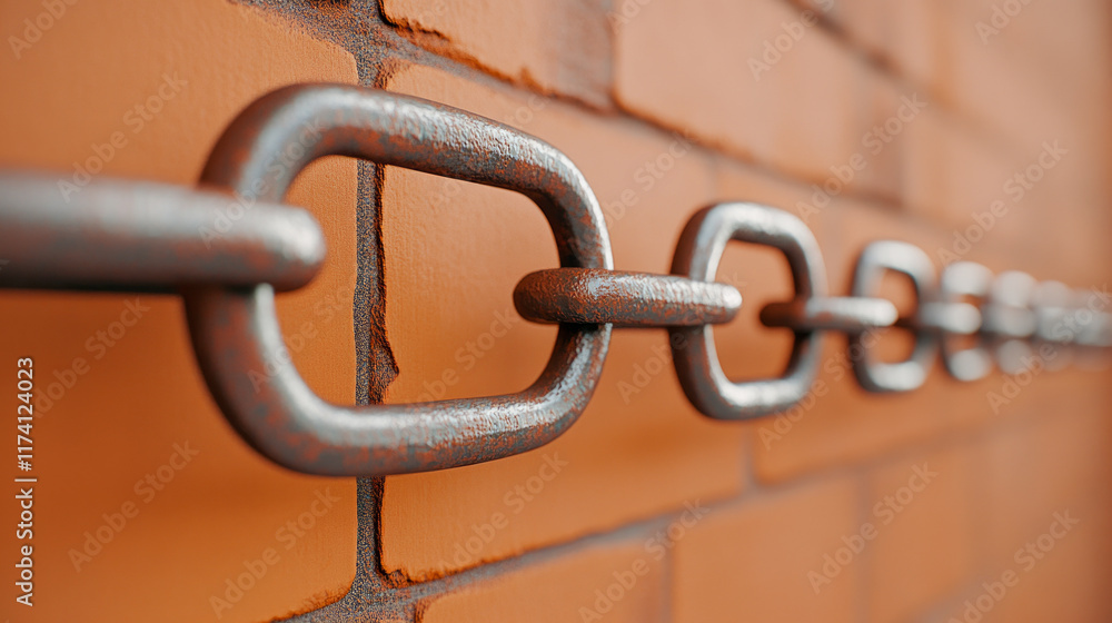 Close-up of rusty metal chain links against red brick wall Close-up of rusty metal chain links against red brick wall