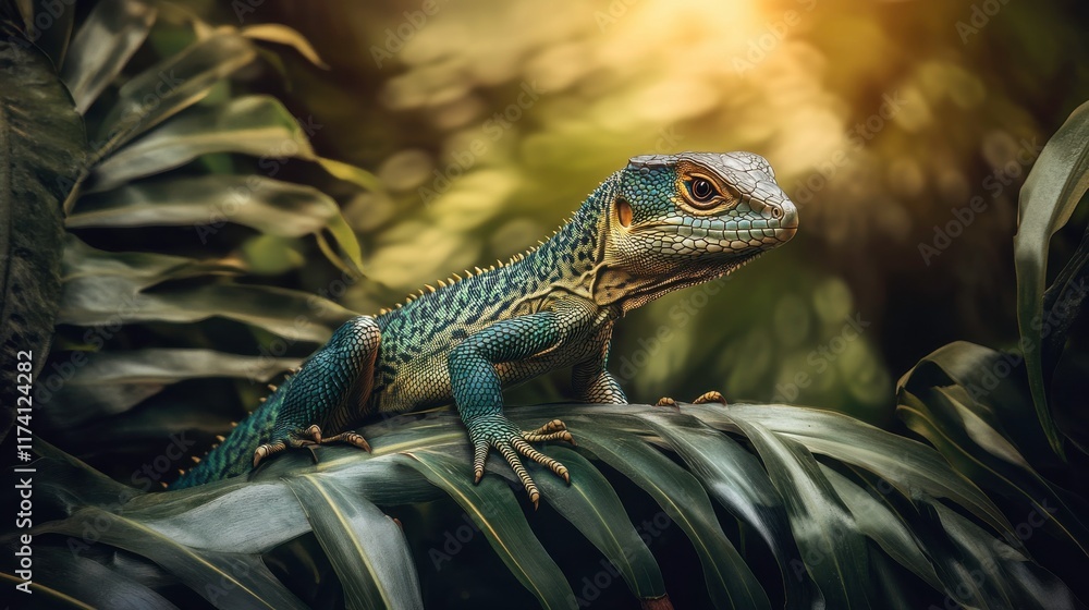 Vibrant Reptile on Lush Green Jungle Leaves Vibrant Reptile on Lush Green Jungle Leaves