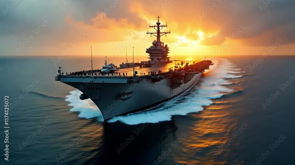 Aircraft carrier sailing at sea during sunset Aircraft carrier sailing at sea during sunset