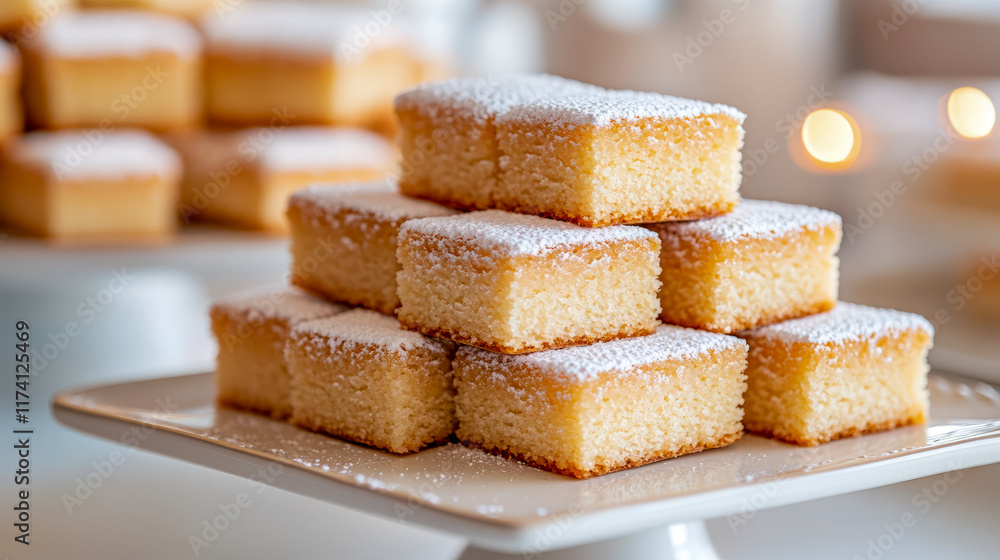 Delicious homemade vanilla sponge cake squares stacked on a plate Delicious homemade vanilla sponge cake squares stacked on a plate