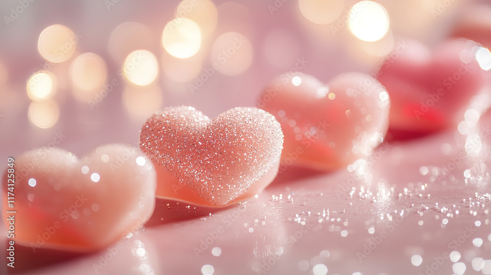 Fototapeta premium Delicate pink hearts with sparkling texture on soft background