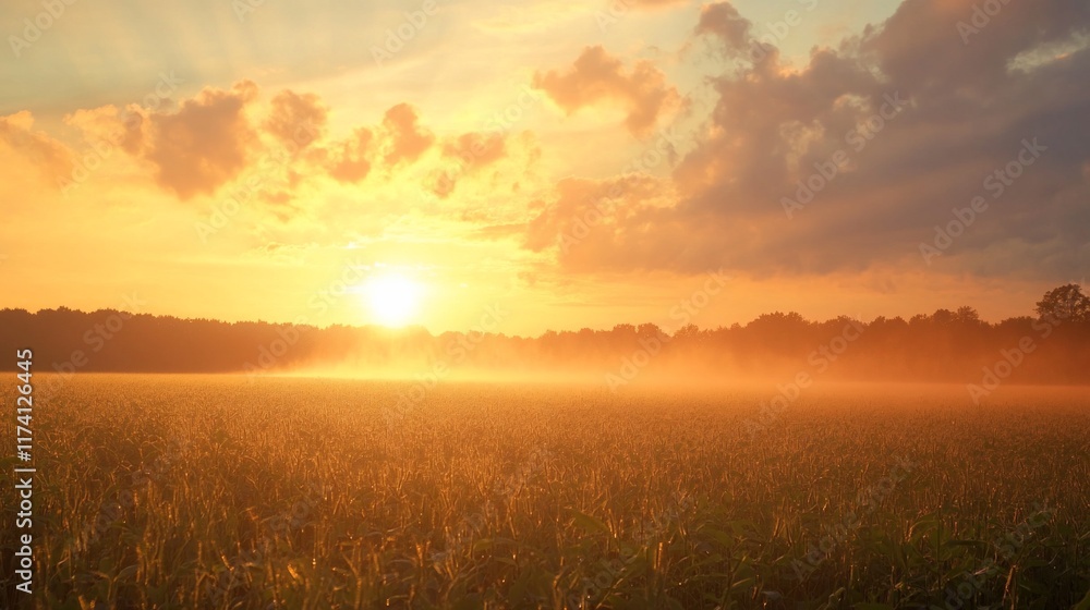 Golden sunset over misty wheat field. Golden sunset over misty wheat field.
