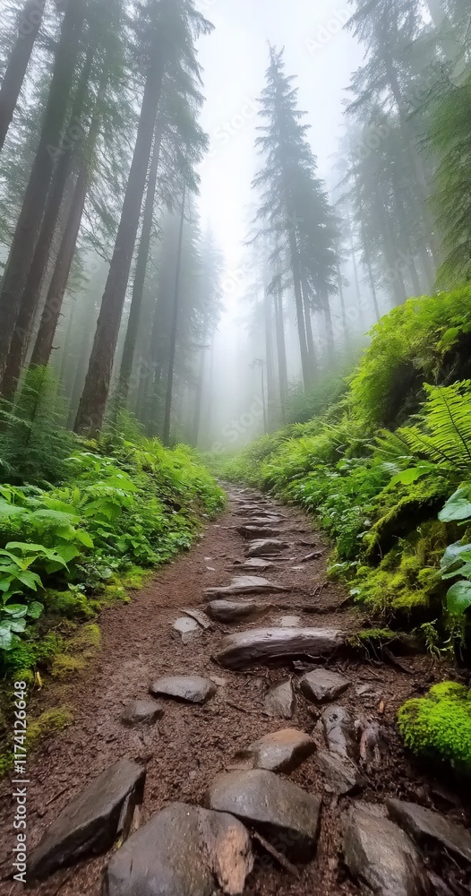 Obraz premium Misty Forest Trail, Stone Path, Hiking, Nature, Adventure
