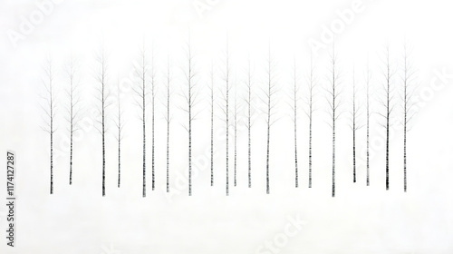 Minimalist winter landscape with bare birch trees in snowy forest photo