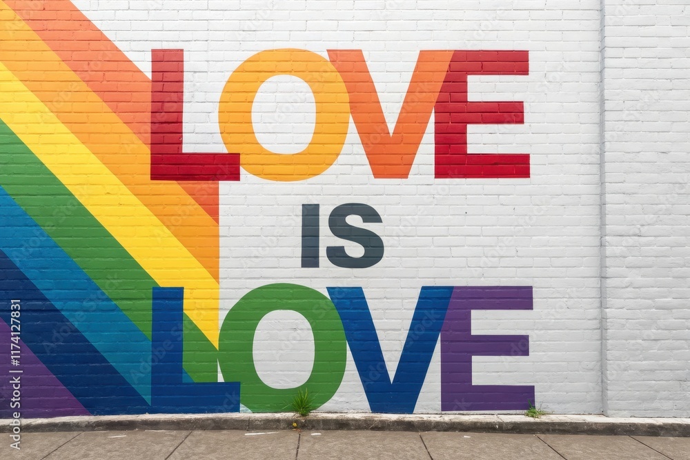 Vibrant rainbow mural emphasizing love and equality on urban street wall