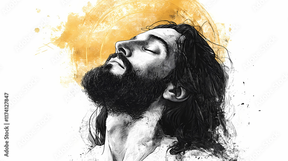 Fototapeta premium Portrait of jesus with closed eyes gazing heavenward in a hand-drawn illustration featuring a golden halo and detailed ink work on a white background. Ravenwood. Illustration