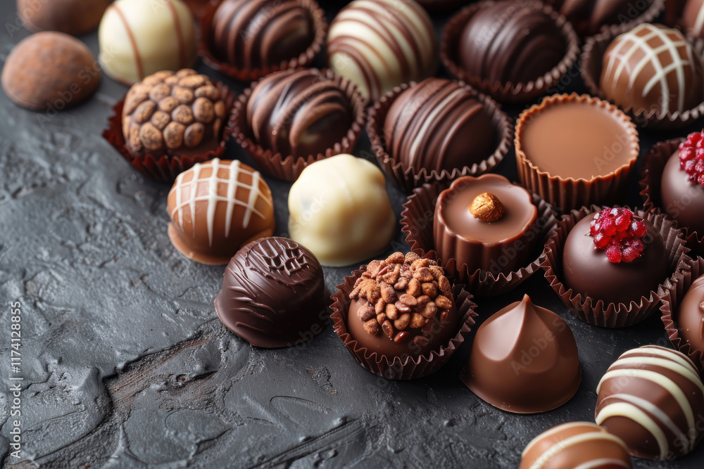 Assortment of fine chocolates, white, dark and milk chocolate. Candy background., .. Assortment of fine chocolates, white, dark and milk chocolate. Candy background., ..