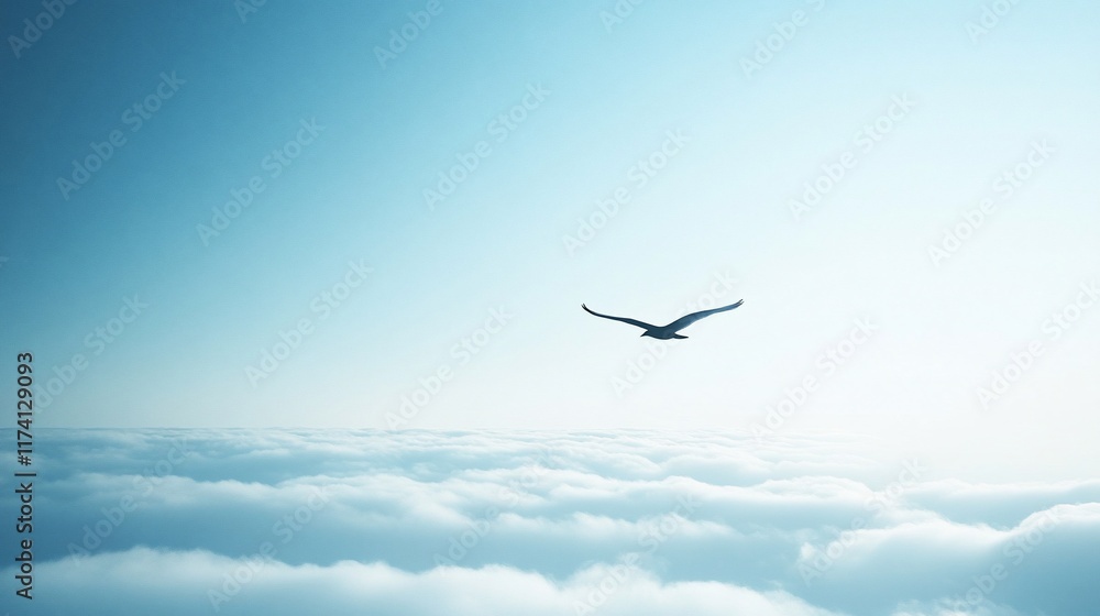 Fototapeta premium Lone bird soaring above a sea of clouds under a clear sky.