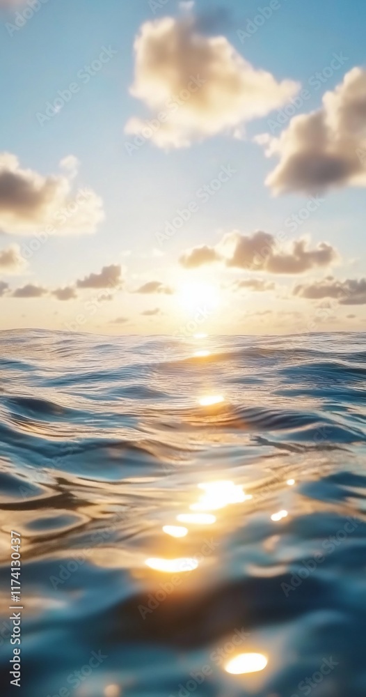 Fototapeta premium Ocean sunset, calm waves, golden light, cloudscape, travel