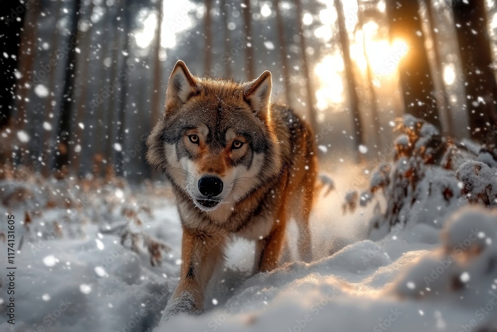 Wolf walking in snowy forest during sunset