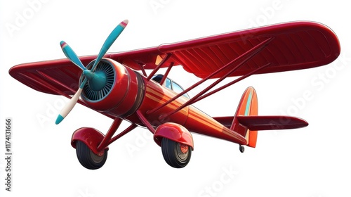 Bright Red Vintage Biplane with Colorful Propeller and Wings
