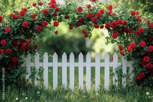 White picket fence with red rose arch in sunlit garden photo