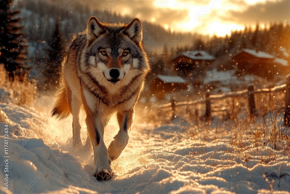 Obraz premium Wolf running in the snow at sunset near mountain village
