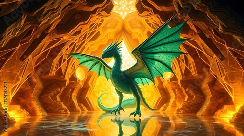 Majestic Green Dragon in a Glowing Cave, Ai generated images