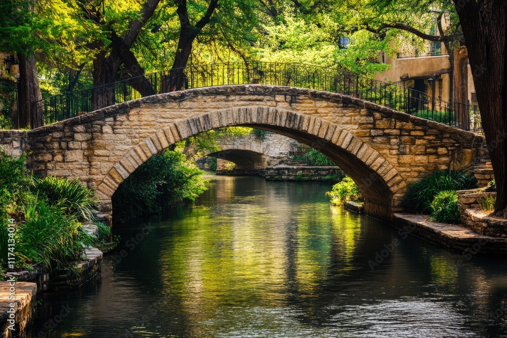 Fototapeta premium Stone arch bridge crossing the san antonio riverwalk in texas