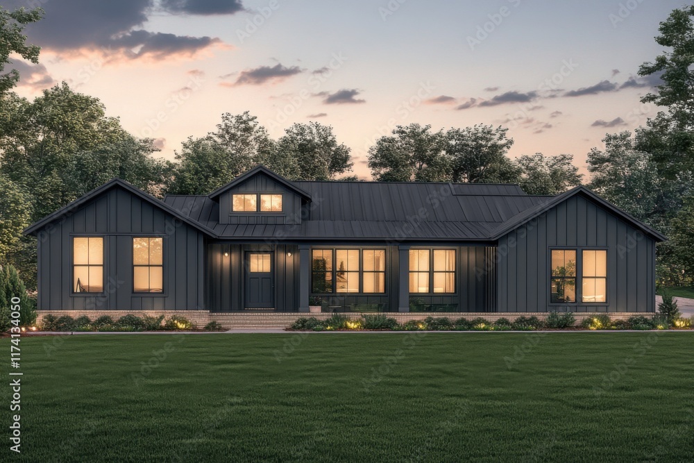 Modern black farmhouse architecture showcased at twilight with warm light emanating from windows, surrounded by greenery and landscaped yard Modern black farmhouse architecture showcased at twilight with warm light emanating from windows, surrounded by greenery and landscaped yard