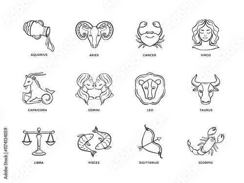 hand-drawn black and white astrological zodiac signs pack