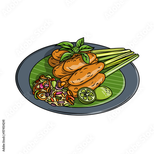 Ilustrasi tusuk sate ayam atau sate lilit dari Bali Indonesia photo