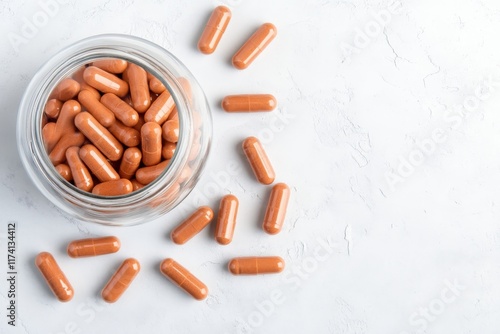 Turmeric capsules spilling from a glass jar on a white textured background promoting healthy lifestyle photo