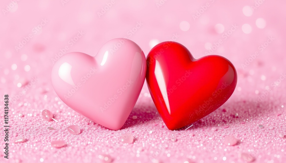 Obraz premium Zwei glänzende Herzen, eines rosa und eines rot, auf glitzerndem rosa Hintergrund symbolisieren Liebe und Zuneigung – perfekt für Valentinstag oder Grußkarten. Generative KI.