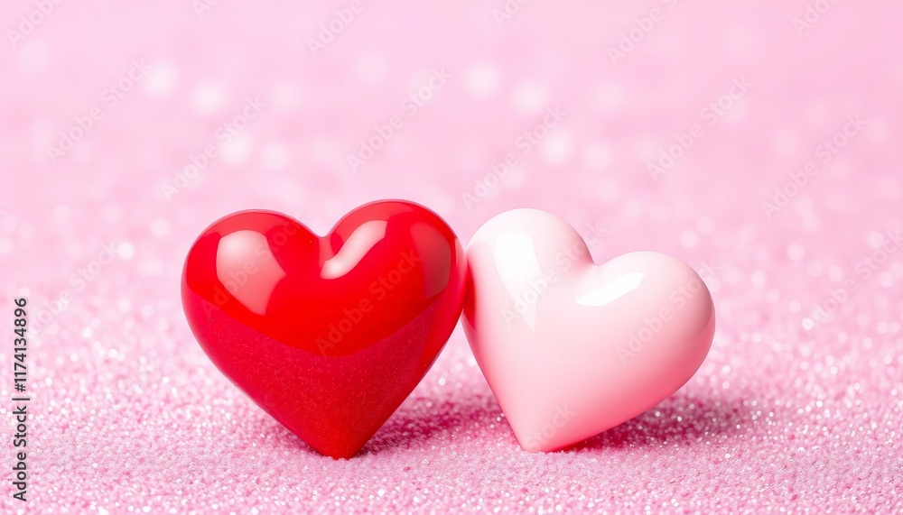 Zwei glänzende Herzen, eines rosa und eines rot, auf glitzerndem rosa Hintergrund symbolisieren Liebe und Zuneigung – perfekt für Valentinstag oder Grußkarten. Generative KI. Zwei glänzende Herzen, eines rosa und eines rot, auf glitzerndem rosa Hintergrund symbolisieren Liebe und Zuneigung – perfekt für Valentinstag oder Grußkarten. Generative KI.