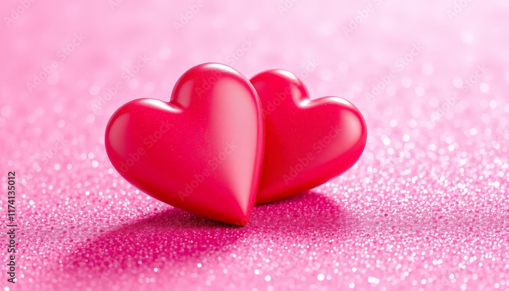Zwei glänzende rote Herzen auf einem sanft glitzernden rosa Hintergrund symbolisieren Liebe und Romantik – ideal für Valentinstag oder Hochzeitskarten. Generative KI. Zwei glänzende rote Herzen auf einem sanft glitzernden rosa Hintergrund symbolisieren Liebe und Romantik – ideal für Valentinstag oder Hochzeitskarten. Generative KI.
