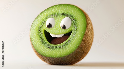 Playful cartoon kiwi with a smiling face and bright green color