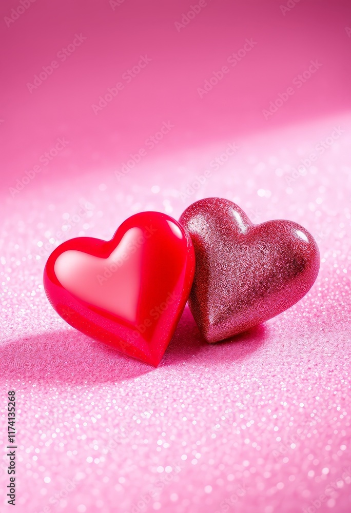 Zwei glänzende rote Herzen auf einem sanft glitzernden rosa Hintergrund symbolisieren Liebe und Romantik – ideal für Valentinstag oder Hochzeitskarten. Generative KI. Zwei glänzende rote Herzen auf einem sanft glitzernden rosa Hintergrund symbolisieren Liebe und Romantik – ideal für Valentinstag oder Hochzeitskarten. Generative KI.