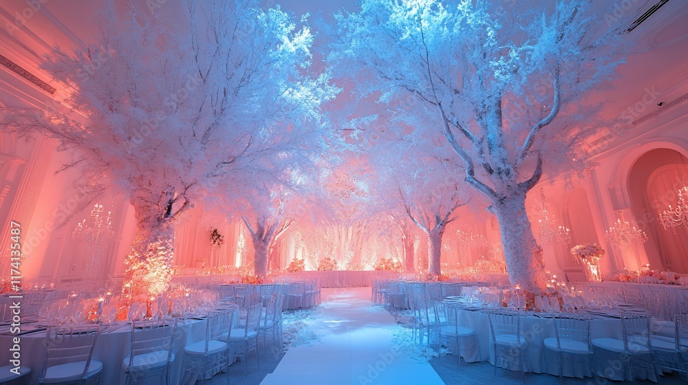 Fototapeta premium Elegant wedding reception with white trees and pink/blue lighting.