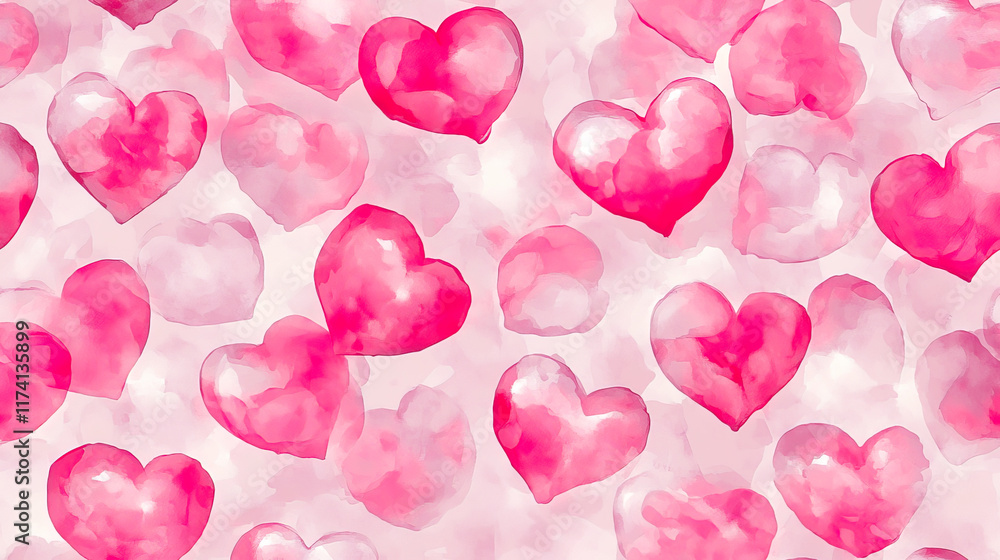 vibrant pattern of watercolor style pink hearts on soft background