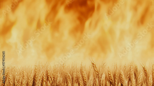 Intense golden wheat field with blazing fire in background photo