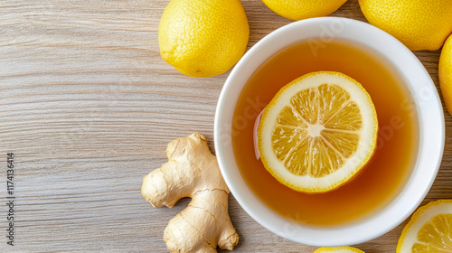 Lemons and ginger in herbal tea on wooden surface photo