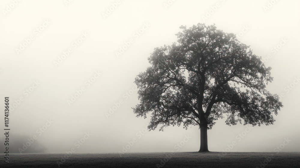 Solitary Oak Tree in Misty Morning Field Solitary Oak Tree in Misty Morning Field