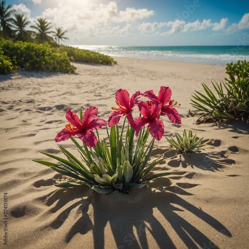 Wallpaper Mural "Tropical flowers blooming on a sandy coastline." Torontodigital.ca