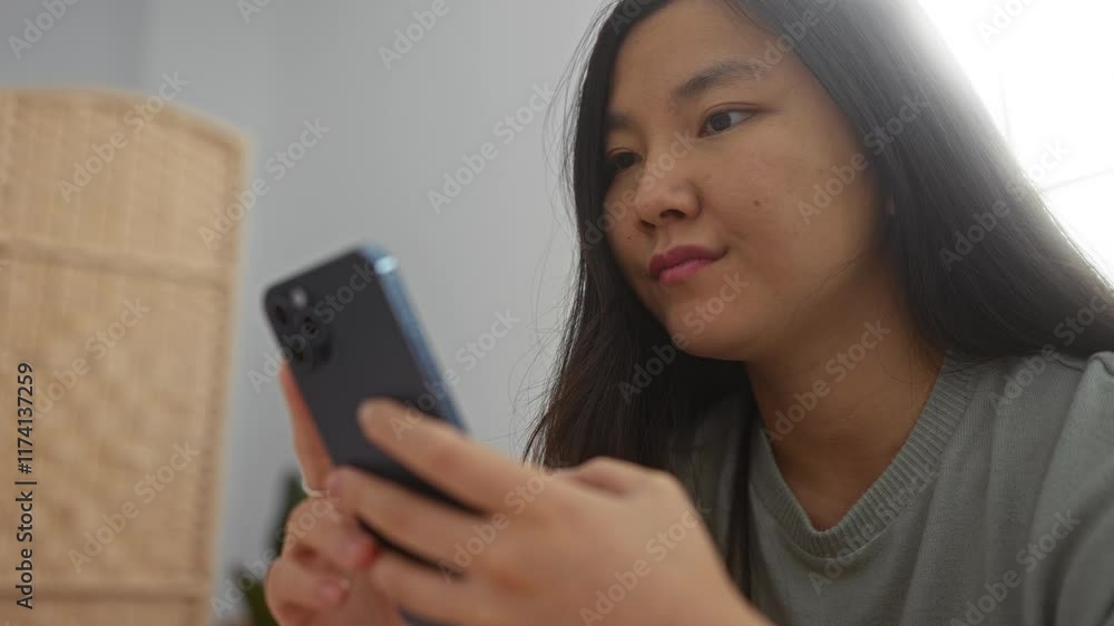 Woman using smartphone indoors with long hair sitting in bright bedroom focusing intently on screen giving an impression of engagement in a casual home environment. Woman using smartphone indoors with long hair sitting in bright bedroom focusing intently on screen giving an impression of engagement in a casual home environment.