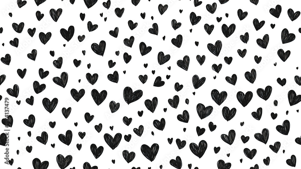 Fototapeta premium Small black hearts on white background create playful and charming design