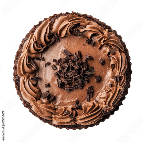 round chocolate cake topped with swirls of chocolate frosting and chocolate shavings. showcasing a rich and indulgent dessert perfect for celebrations or special occasions the cake's glossy finish and