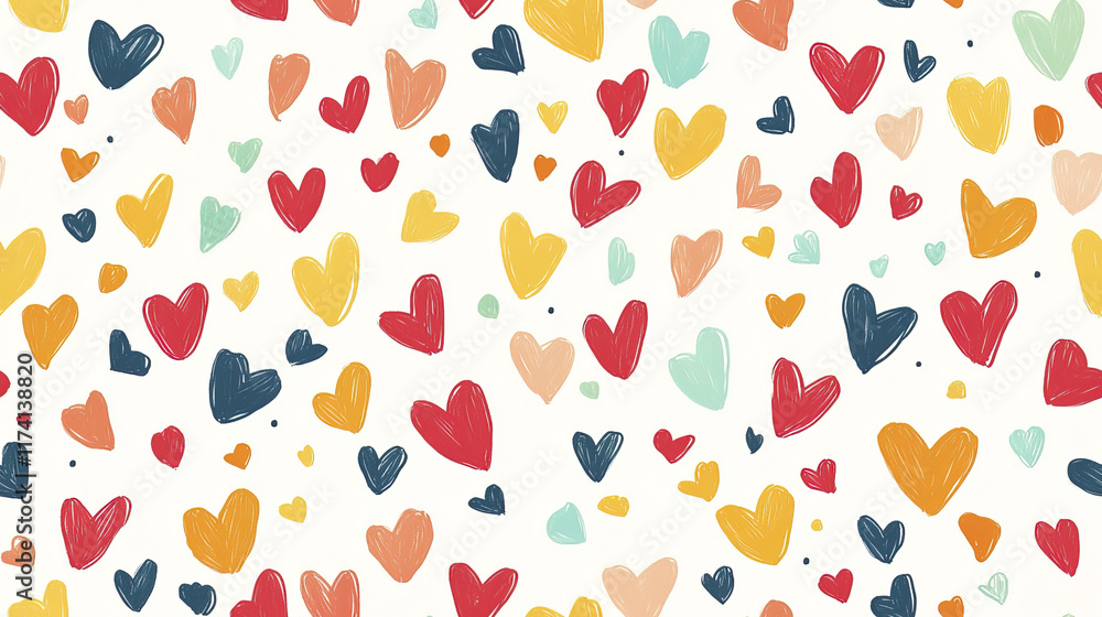 Vibrant hand drawn hearts in various colors create cheerful pattern Vibrant hand drawn hearts in various colors create cheerful pattern