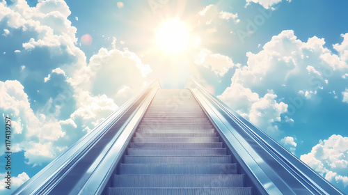 Modern staircase escalator into the sky with bright sunshine and fluffy white clouds. Ravenwood. Illustration