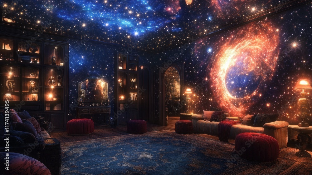 Obraz premium Celestial Living Room: A cosmic sanctuary where stars illuminate a cozy interior, inviting relaxation and wonder.