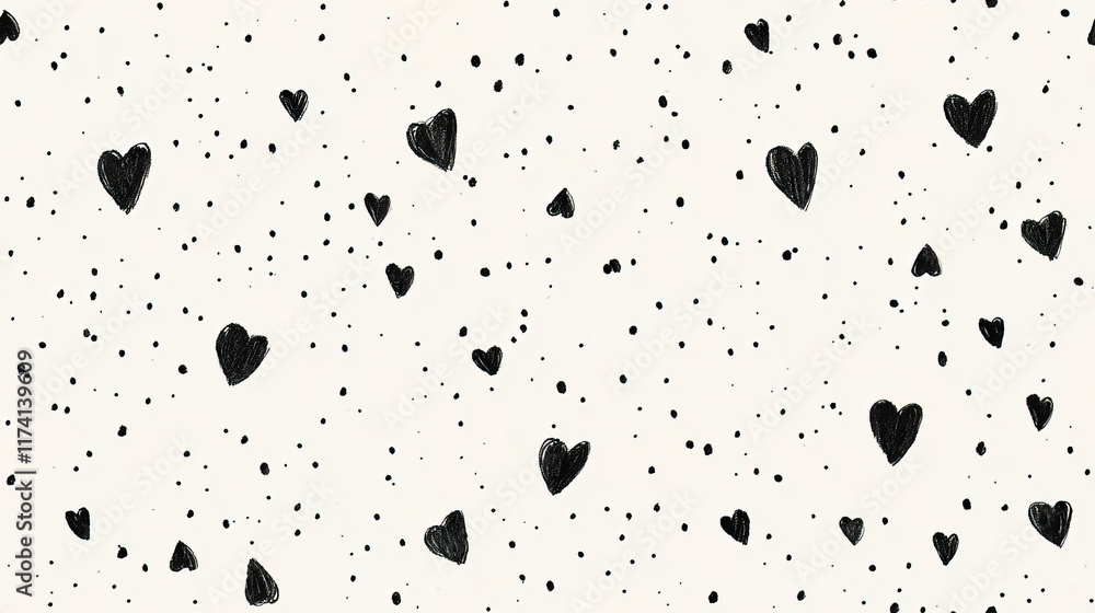 Hand drawn black hearts on light background create playful pattern