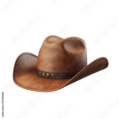 classic brown cowboy hat made of leather. showcasing its distinctive wide brim and high crown the hat is adorned with a decorative band. suggesting a rugged. western style it represents elements of co photo