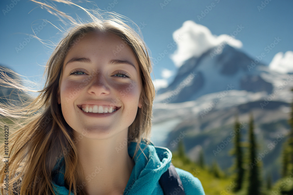 A smiling young woman in nature with a mountain backdrop. A smiling young woman in nature with a mountain backdrop.