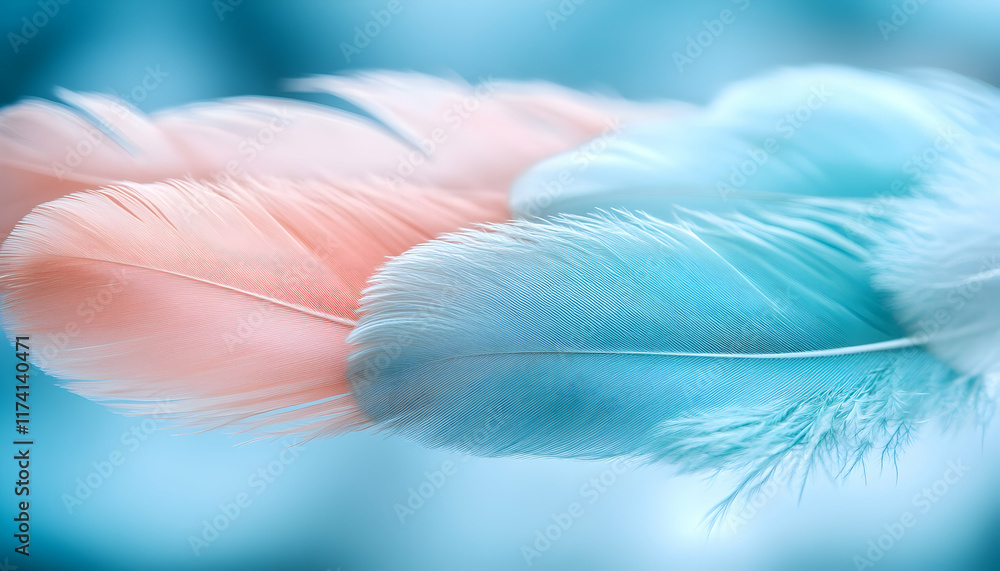 Naklejka premium Delicate pastel pink and blue feathers, soft focus, close-up macro shot, ethereal, dreamy, elegant, tranquil background.
