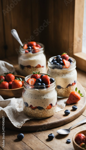 Berrylicious breakfast parfaits in jars, layered with creamy yogurt, oatmeal, and fresh strawberries and blueberries. A healthy and delicious start to the day! photo