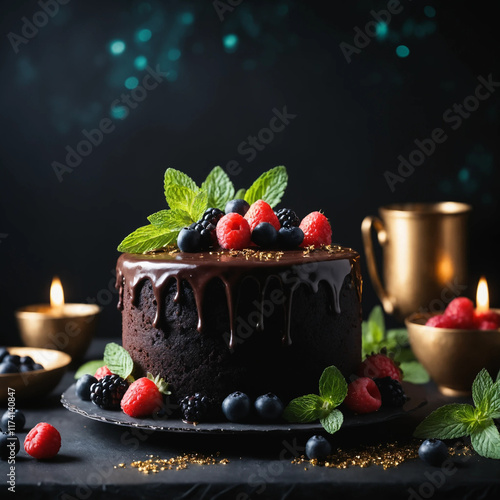 Decadent chocolate cake adorned with fresh berries and a rich chocolate ganache, perfect for a special occasion. photo