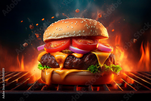 Burger. Big Cheese burger with onions and tomatoes on a grill.	