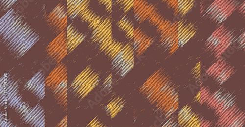 Crafted hand drawn brush line abstract patchwork pattern, Japanese and ethnic wood carving, engraving, basketry texture background, colorful surface graphic blocks for textile, fabric, carpet,