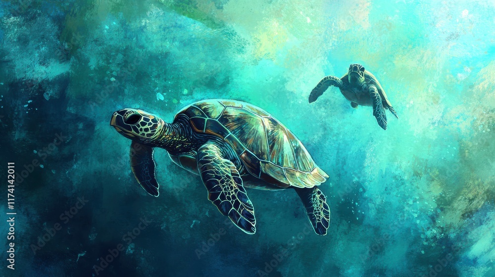 Obraz premium Turtles Swimming in a Coral Reef Environment