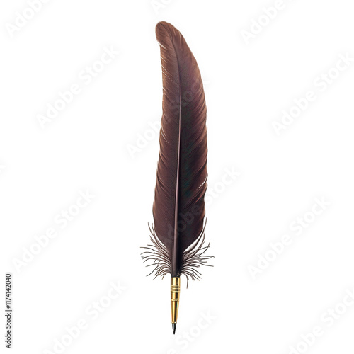 large. elegant brown quill pen with a metallic nib. resting against a plain white background the quill?s intricate details and natural curves suggest a vintage or classic writing tool. often associate photo